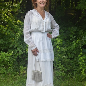 Edwardian lingerie dress long sleeve large collar lace  1900s women&#39;s fashion vintage wedding dress open work antique dress lawn dress te