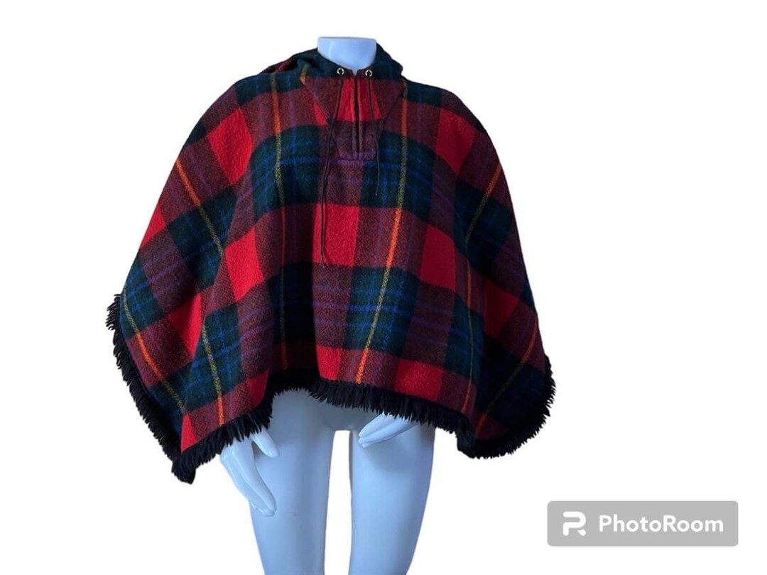 Vintage Wool Cape With Hood Poncho Red Plaid Wool Fringe