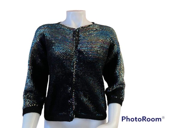 Vintage 1950s 1960s iridescent sequin black knit … - image 1