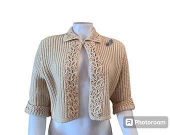 Vintage knit bolero Rosanna knitted sportswear 100% virgin wool floral appliqués rhinestones half sleeve 1950s bolero sweater