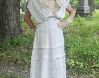 Edwardian over dress beige linen floral satin embroidery rare Edwardian fashion museum piece historical fashion