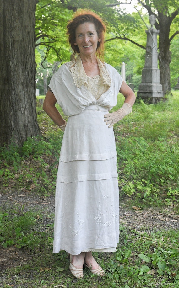 Edwardian Over Dress Beige Linen Floral Satin Embroidery