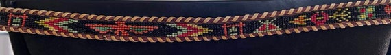 Native American beaded tooled leather belt skinny… - image 1