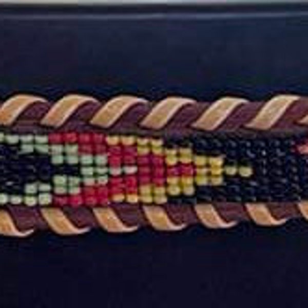 Native American beaded tooled leather belt skinny belt size 32 thunderbird arrows 1960s skinny belt