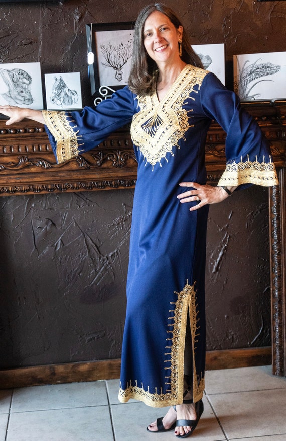 1970s maxi dress dark blue with gold trim and embroid - Gem