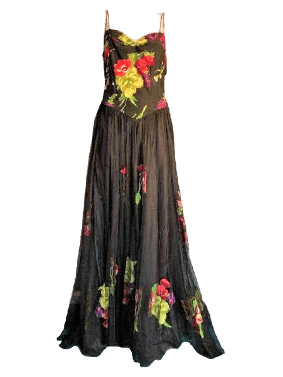 Vintage gown 1930s 1940s black floral print silk … - image 2