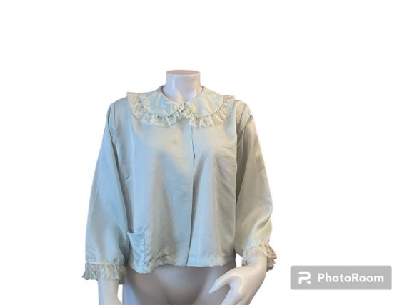 Vintage bed jacket 1950s light blue with lace tri… - image 1