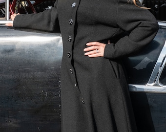 Vintage 1940s Black Wool Crepe Princess Coat: Rhinestone Buttons