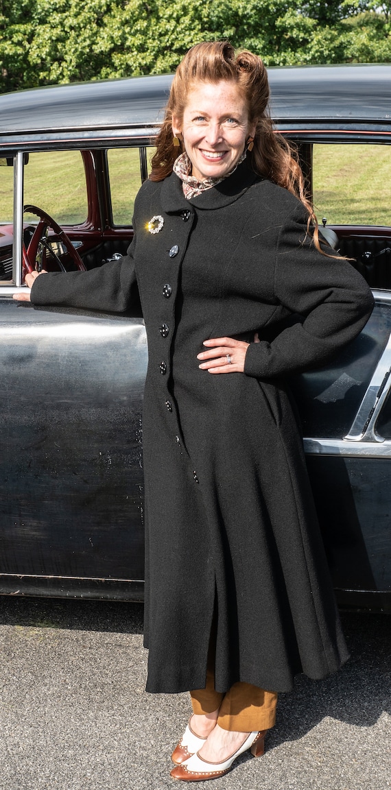 Vintage Princess Coat Black Wool Crepe 1940s Rhinestone Buttons