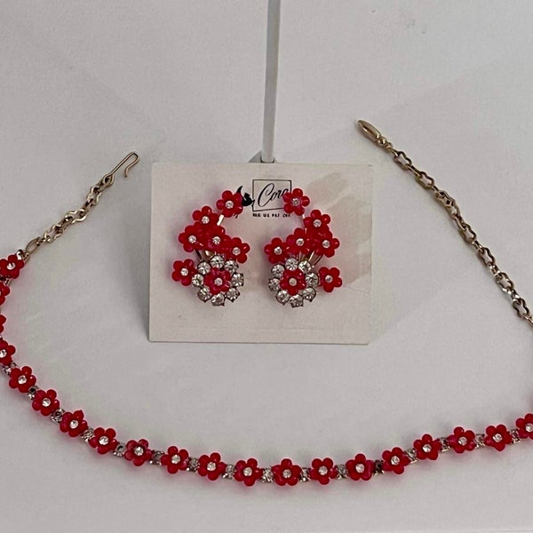 Vintage Coro jewelry set necklace and earrings red flowers with rhinestones ear climbers 1950s 1960s red jewelry set