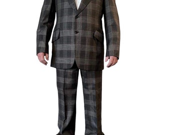 Vintage mens suit gray and red plaid 2 button front slant pockets flare leg pants tailored by Spector’s of Albany mod 1960s 1970s quality