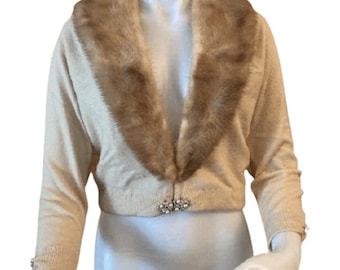 Vintage cashmere sweater with mink collar Bernard Altman fancy sweater rhinestones and pearls 1950s 1960s dressy sweater