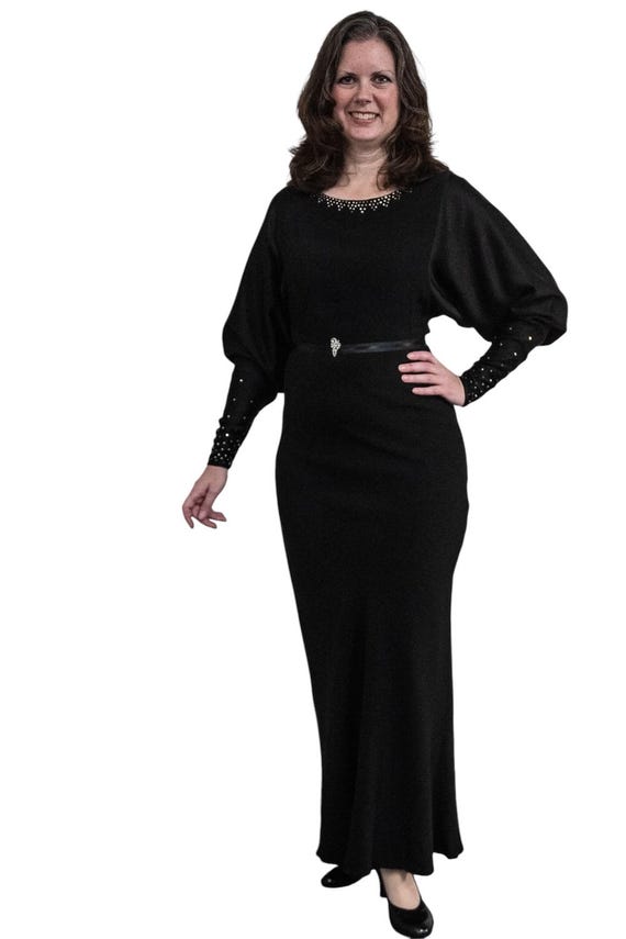 1930s black crepe rayon gown with rhinestone embellishments bat wing sleeves 1930s women’s fashion formal evening wear theater costume