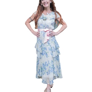 Vintage 1930s dress semi sheer floral blue green pink attached cape tiered skirt 1930s theater costume