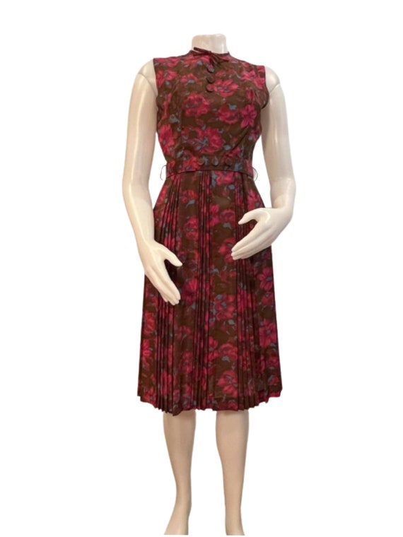 Vintage floral print dress sleeveless 1950s red p… - image 1