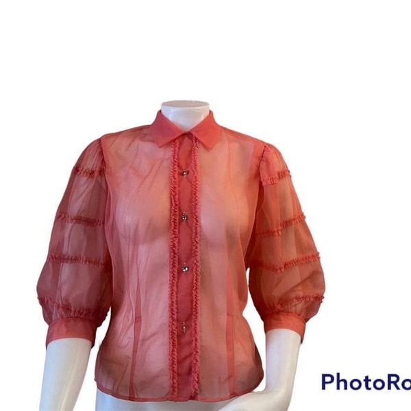 Vintage sheer nylon blouse salmon pink ruffle front ruffle puff sleeves Susan Glenn Original size 34 1950s sheer blouse