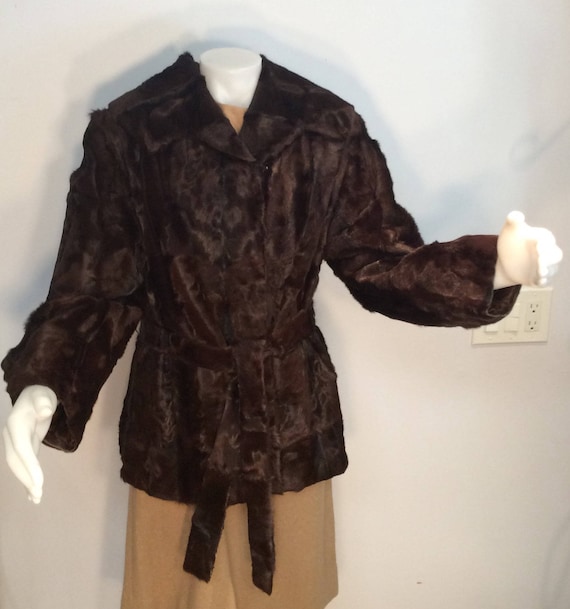 Brown fur jacket with belt vintage calf pony choco