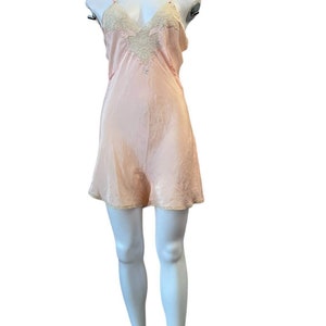 Vintage silk step-in one piece lingerie 1920s 1930s pink peach lace trim embroidery ribbon ties antique lingerie