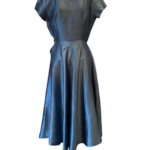 Vintage blue silk dress with petal bust and full skirt 1940s 1950s Georgia Wells short sleeve dress unique skirt detail image 4