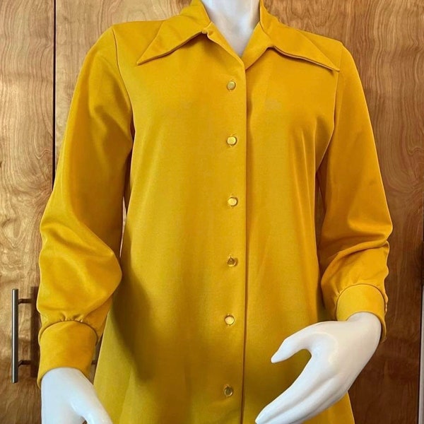 Vintage blouse 1970s womens tunic top golden yellow pointy collar long sleeves A June Holly Inc Original 1970s fall fashion womenswear