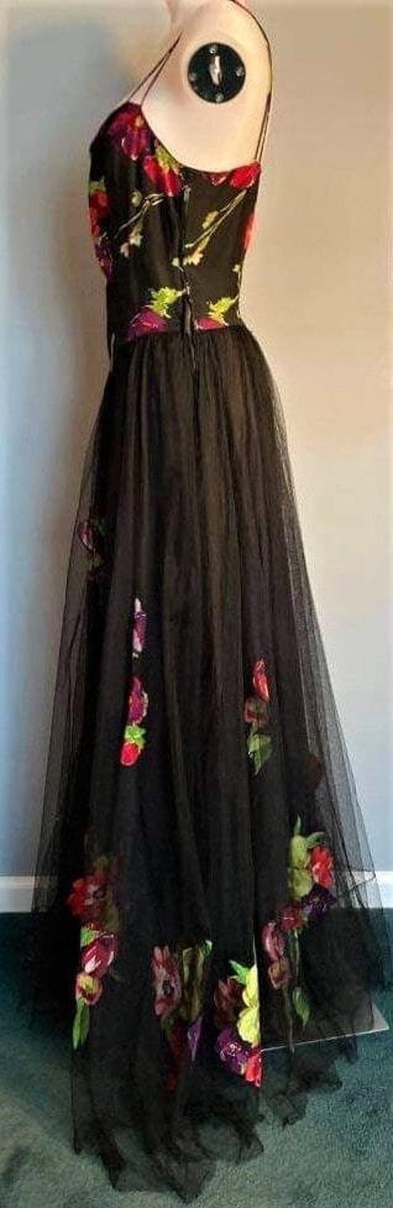 Vintage gown 1930s 1940s black floral print silk … - image 5