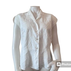 Vintage white linen blouse cap sleeves embroidery size 40 1950s blouse spring summer size large vintage top rockabilly pinup fashion
