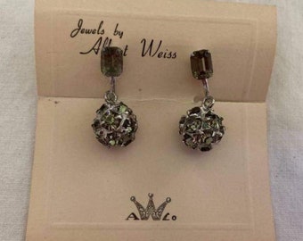 Jewels by Albert Weiss black diamond new old stock on original card dangling rhinestone ball drop 1950s black diamond earrings