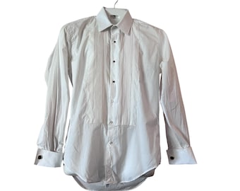 Vintage white tuxedo shirt by after Six 100% imported cotton size 15 1/2 32-33 flat pleated front French cuffs includes studs  cuff links