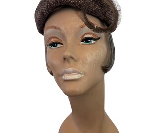 Wool Beret Brown Tweed Antique 1950s Feather Hat Neumann  display picture 3