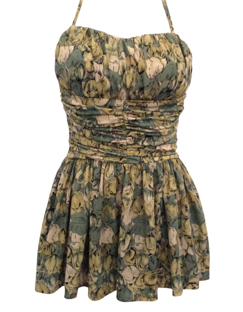 May include: A green and yellow floral print halter dress with a fitted bodice and a flowing skirt.