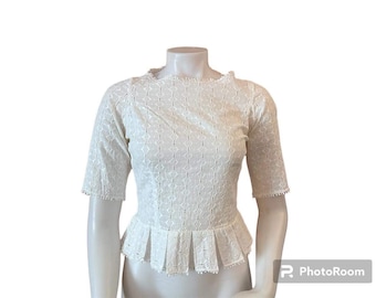 Vintage blouse white eyelet with trim pleated peplum short sleeve button back 1960s summer fashion A Dotti Original
