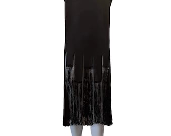 1920s flapper dress with fringe sheer black with car wash hem long fringe sleeveless 1920s fashion 1920s theater