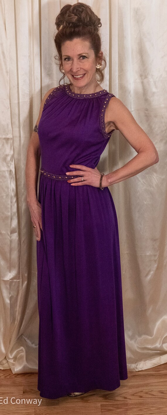 Vintage Grecian style maxi dress gown purple gold 