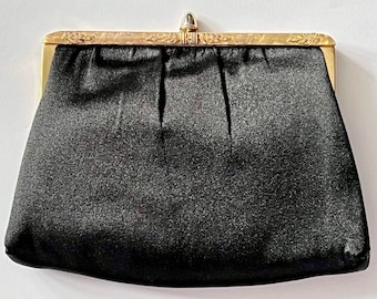 Vintage 1950s purse evening bag convertible clutch black fabric with gold and rhinestone trim