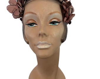 Vintage 1950s head band style hat covered with brown velvet leaves one size fits most