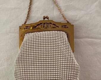 VIntage 1950s Whiting and Davis white mesh purse with gold frame vintage bridal purse petite white purse gift for her