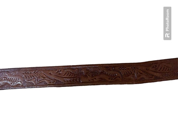 Vintage tooled leather belt with horse head buckl… - image 4