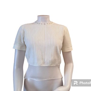 Vintage white blouse 1950s Jo-Lynn short sleeve decorative collar pleated front nylon blouse 1950s womenswear 1950s fashion blouse