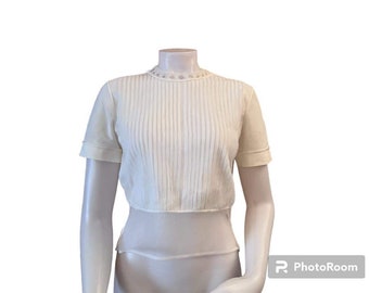 Vintage white blouse 1950s Jo-Lynn short sleeve decorative collar pleated front nylon blouse 1950s womenswear 1950s fashion blouse