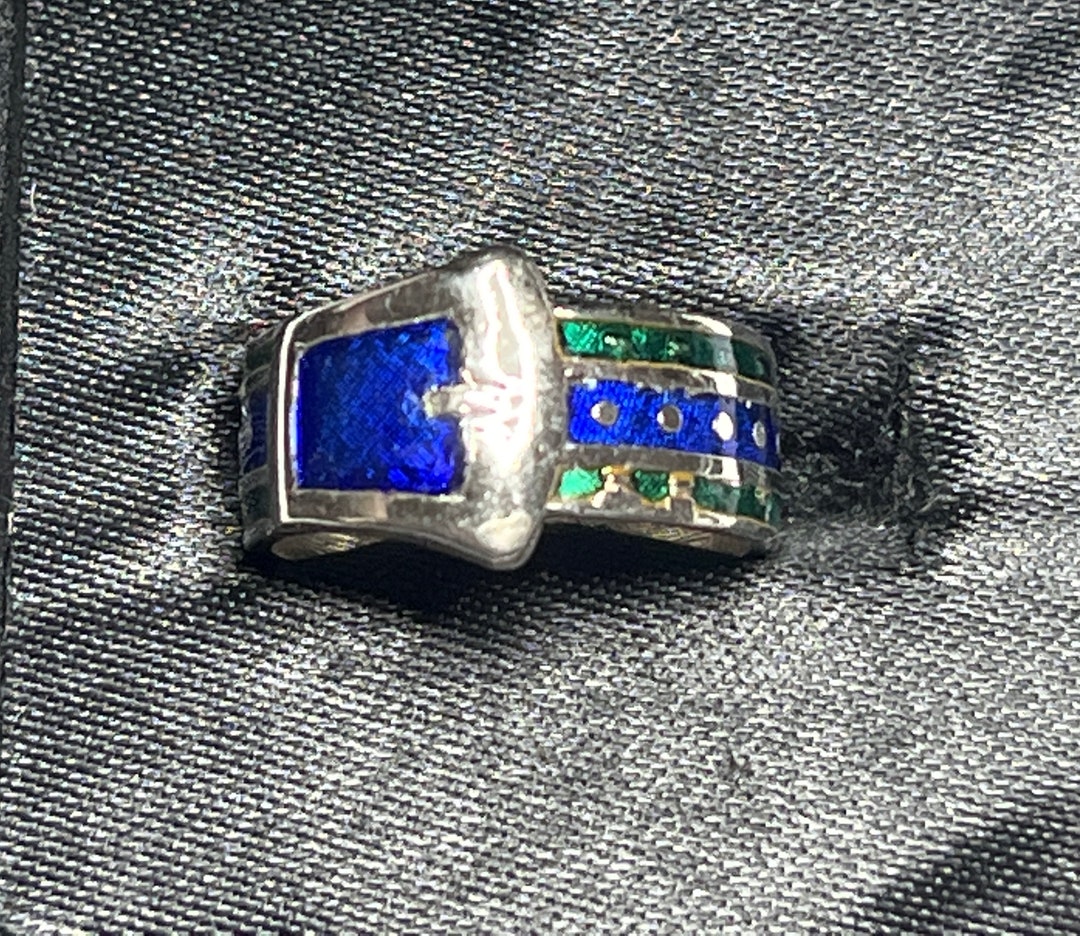 Vintage Belt Buckle Ring Silver Blue and Green Enamel Size 8 Etsy