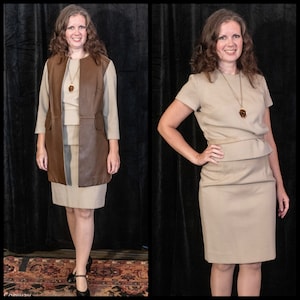1960s Knits by Camelon 3 piece set skirt top jacket beige brown leather 1960s womenswear 1960s fashion