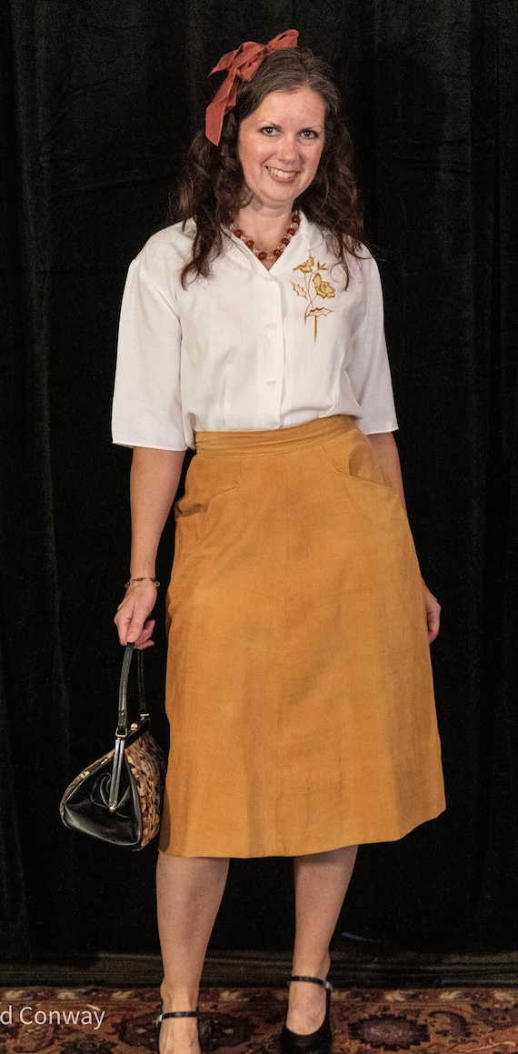 Vintage white rayon blouse with gold floral embroi