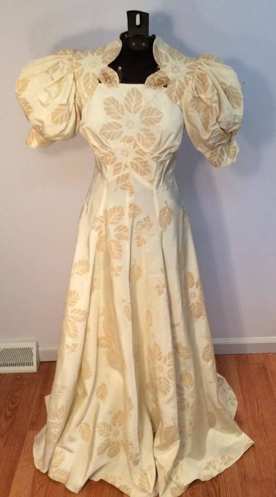 1930s style wedding gown gold brocade puff sleeves