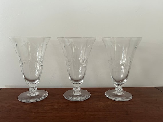 Vintage Cut Glass Crystal Water Goblets Parfait Glasses Set of 3 Fancy Stem  Floral Sprays Elegant Entertaining 