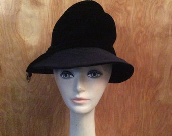 Vintage Styled by Coralie black velvet hat with tassels and brim 1960s winter hat bucket hat 1960s fashion