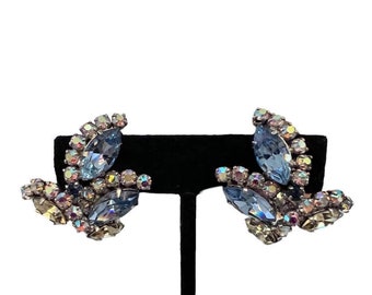 Vintage blue rhinestone earrings marquis aurora borealis rhinestones large blue earrings sparkly unsigned beauty