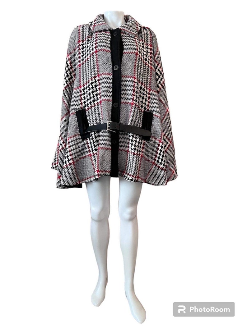 Plaid button front cape with leather belt Venezia Woman red white black fall autumn cape image 1
