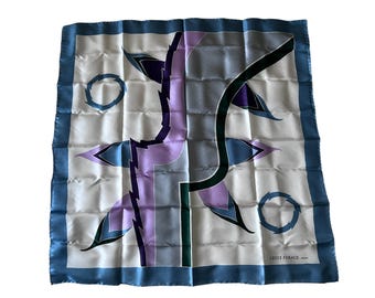 Vintage silk scarf LOUIS FERAUD PARIS large square graphic print blue gray purple