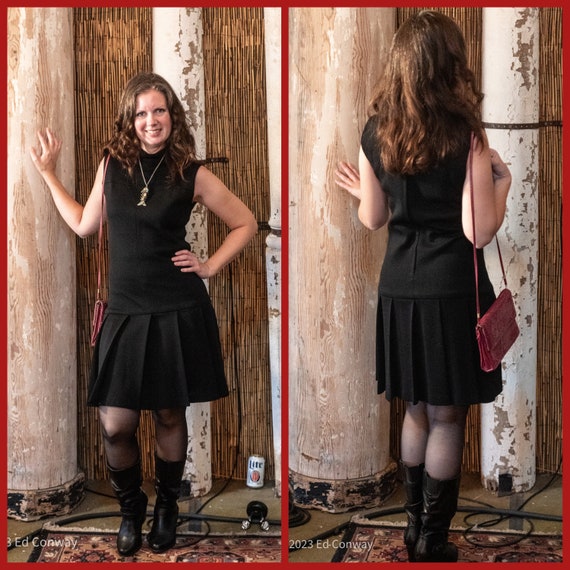 1960s dress sleeveless black drop waist pleated s… - image 1