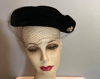 Vintage Black Velvet Hat With Netting 
